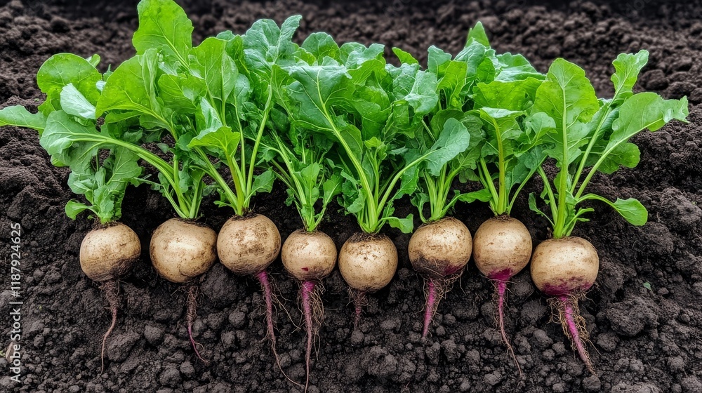 Freshly harvested turnips lined up on rich soil in a garden bed