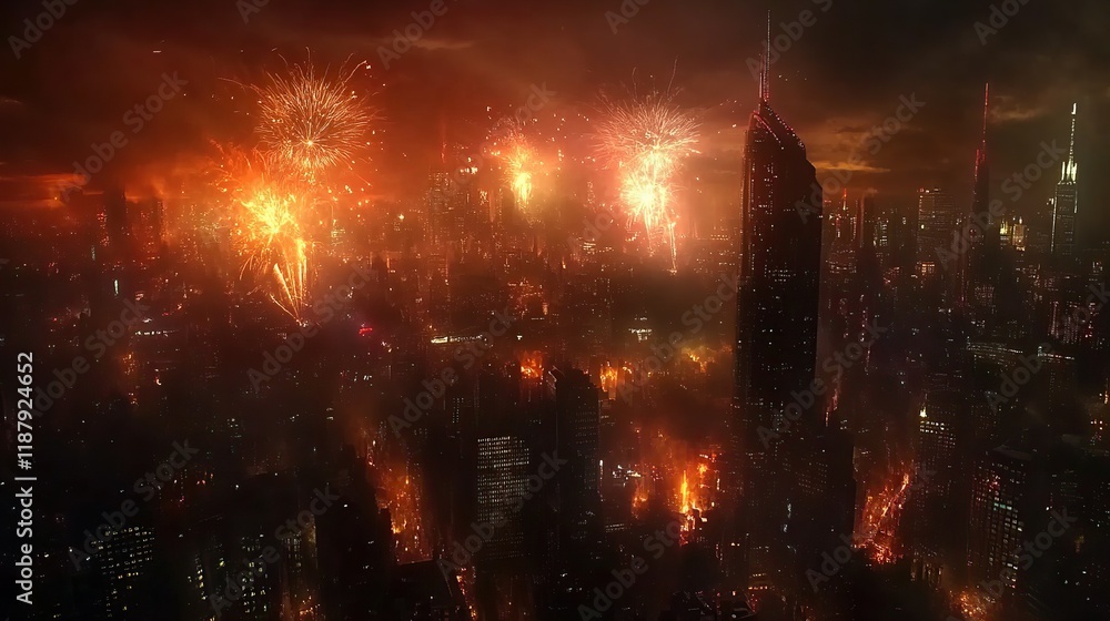 Fototapeta premium Fiery fireworks explode over a futuristic city at night.