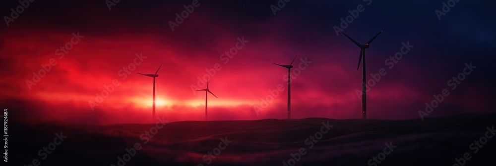 Obraz premium This dynamic image captures wind turbines rising against a dramatic red sky, highlighting themes of sustainability, energy production, and the beauty of nature in turmoil.