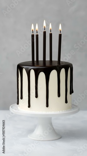 Elegant chocolate drip cake with lit candles on white stand against grey background; perfect for birthday celebrations