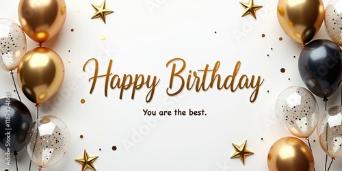 Luxurious birthday banner with black, gold, and transparent balloons, golden stars, confetti, and 