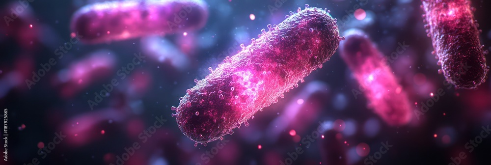 A vibrant microscopic view of glowing bacteria A vibrant microscopic view of glowing bacteria