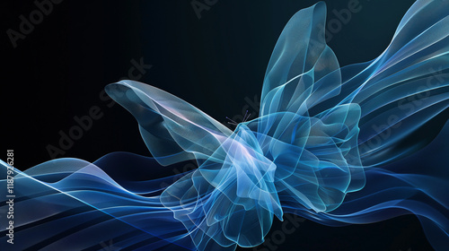 Ethereal abstract butterfly with flowing blue translucent waves of light