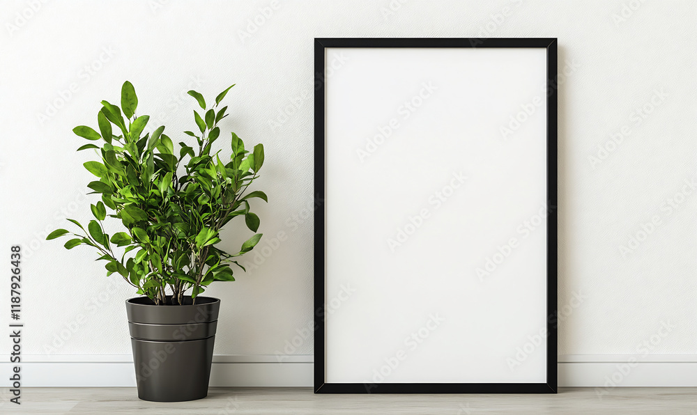 Empty frame mockup, plant, white wall, interior design, home decor Empty frame mockup, plant, white wall, interior design, home decor