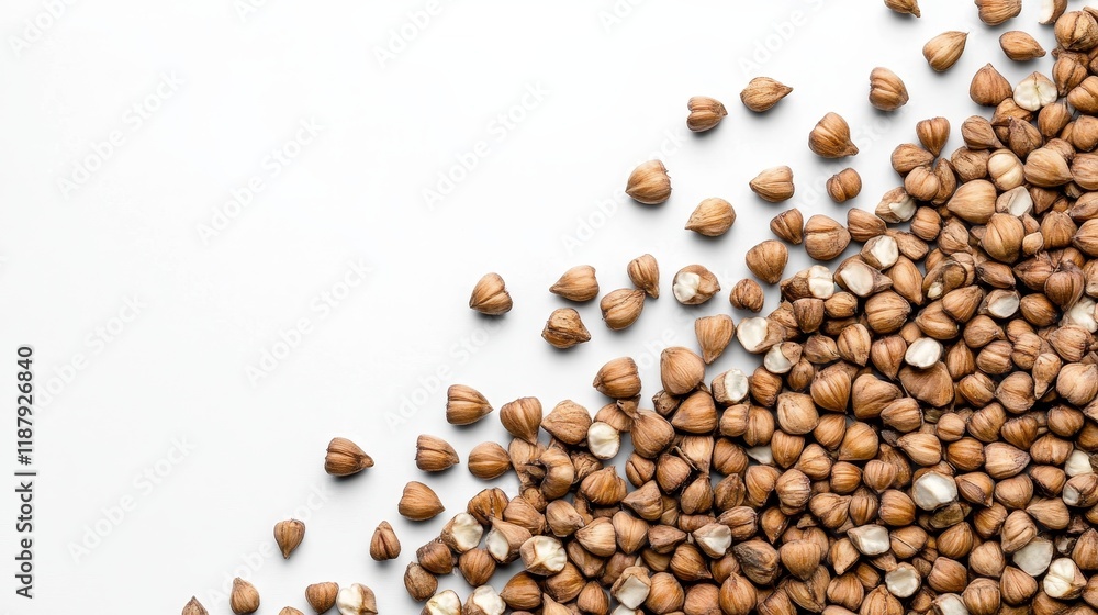 Scattered hazelnuts on white background with some shelled nuts Scattered hazelnuts on white background with some shelled nuts