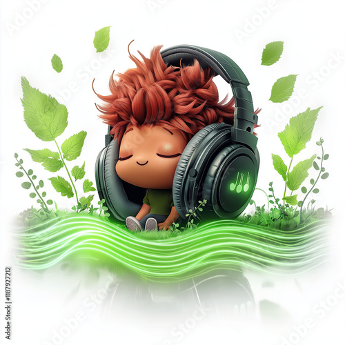 Cute character with headphones surrounded by leaves and musical waves