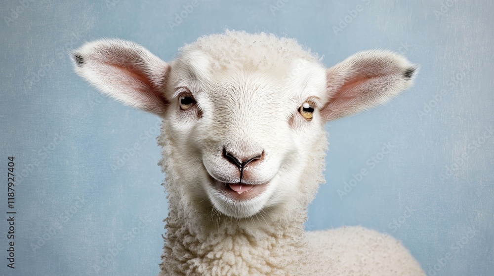 A picture of a lamb smiling at me look at her perfect smile and ears facing me head on A picture of a lamb smiling at me look at her perfect smile and ears facing me head on