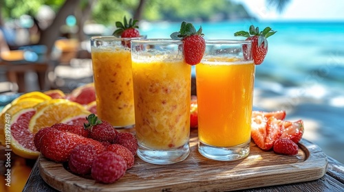 Fruit smoothies by the beach with ocean view. photo