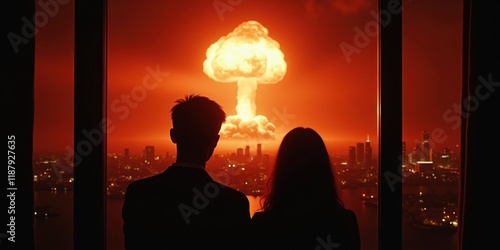 Couple staring at a massive nuclear explosion over the city at night, symbolizing apocalypse, destruction, global war, and the collapse of civilization in a dystopian world