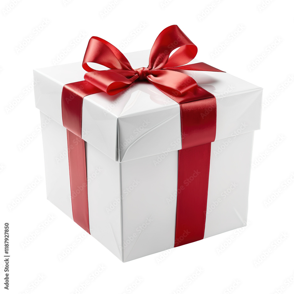 A pristine white square gift box adorned with a large, vibrant red ribbon and bow ,isolated on transparent background. A pristine white square gift box adorned with a large, vibrant red ribbon and bow ,isolated on transparent background.