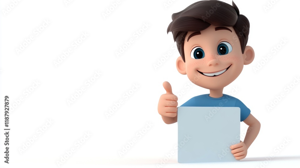Happy cartoon boy holding blank sign, giving thumbs up. Happy cartoon boy holding blank sign, giving thumbs up.