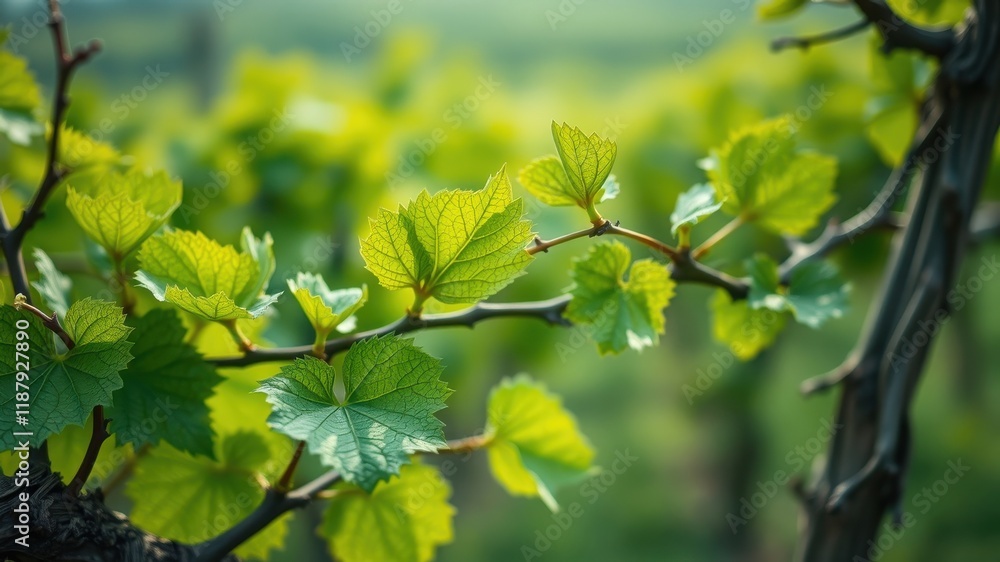 A Close-Up of Delicate New Growth on a Vine Branch, Showcasing the Intricate Veins and Vibrant Green Hues of the Leaves