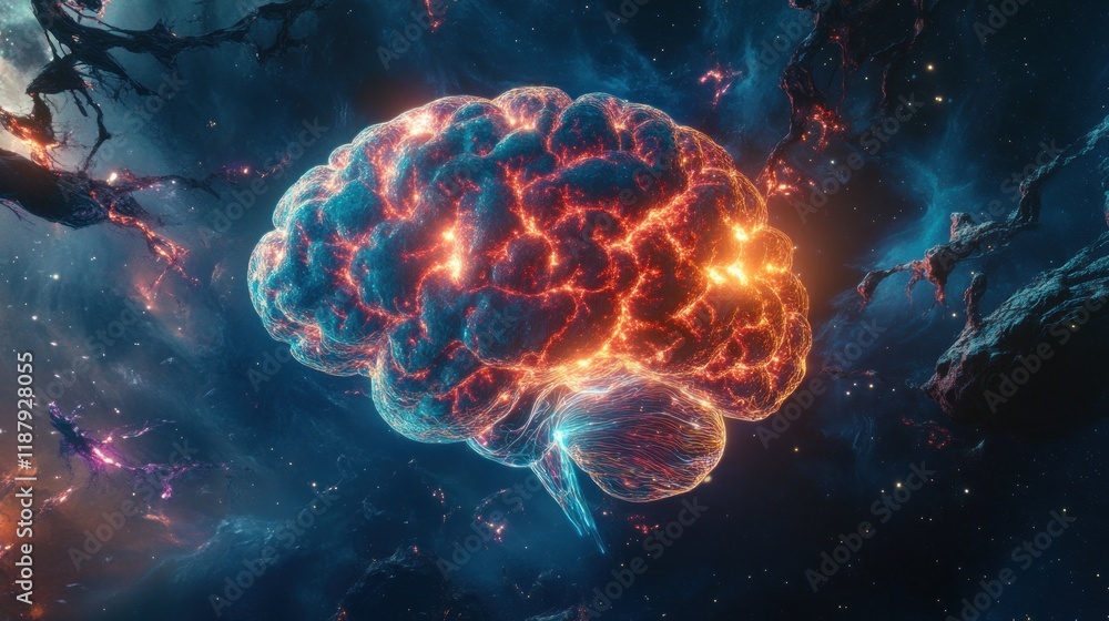 A vibrant, cosmic representation of a brain, symbolizing thought and consciousness. A vibrant, cosmic representation of a brain, symbolizing thought and consciousness.