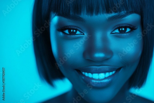 Commercial ad creative. Pretty smiling black girl - for ads, magazine ad and internet use. Short coiffure - straight hair. Black girl with style. African american style icon. Black model. photo