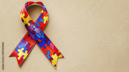 Prompt: A high-resolution photo of an autism puzzle ribbon resting on a smooth beige surface, with ample negative space around it for awareness campaign messages.