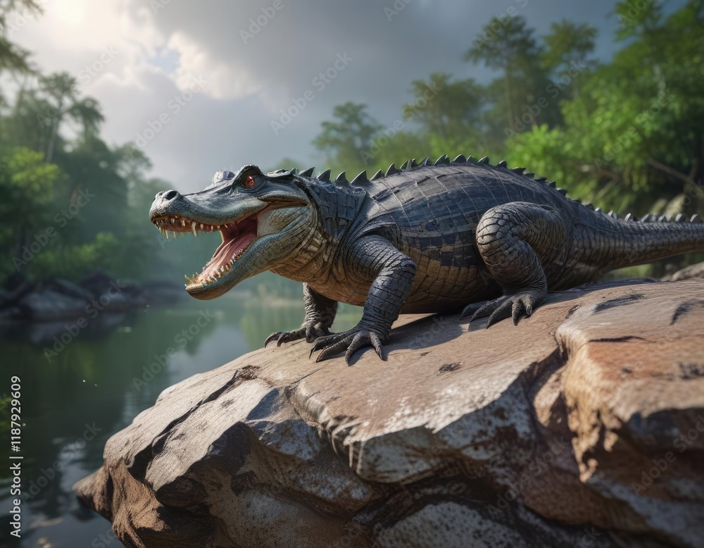 A ferocious alligator surveys its kingdom from the top of a weathered boulder in the bayou , outdoor, sharp teeth A ferocious alligator surveys its kingdom from the top of a weathered boulder in the bayou , outdoor, sharp teeth