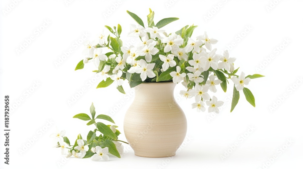 Small vase with bunch of jasmine flowers isolated on white background Small vase with bunch of jasmine flowers isolated on white background