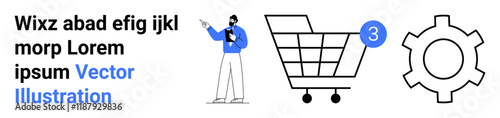 Businessman holding clipboard, shopping cart with three items, and gear icon symbolize business management, e-commerce, inventory, and settings. Ideal for business websites, e-commerce platforms, app