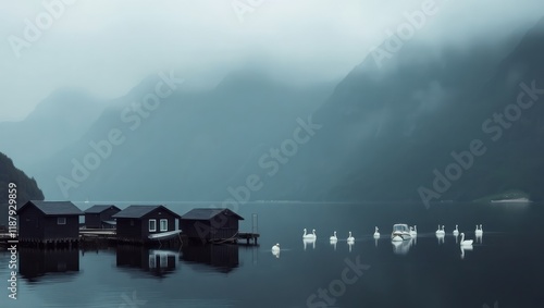 Misty morning reflections on the lake and river landscape, with fog shrouding the water and sky photo