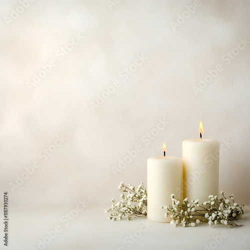 Two burning candles with white flowers on a textured background, ideal for sympathy cards or peaceful ambiance