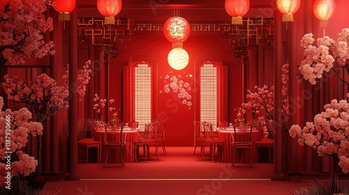 Elegant Red Chinese Dining Room Decorated With Blossoms