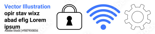 Lock icon, wireless signal, gear icon representing security, connectivity, and settings. Ideal for tech solutions, internet security, networking, online privacy system configuration website