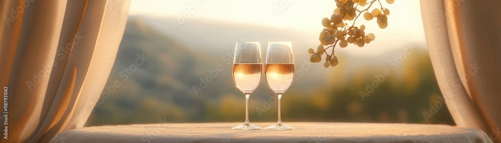 Romantic Sunset Scene in a Winery with Wine Glasses Overlooking Mountain Landscape Romantic Sunset Scene in a Winery with Wine Glasses Overlooking Mountain Landscape