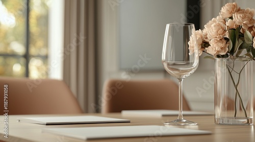 Refined Workspace with Elegant Decor Accents and Wine Glasses
