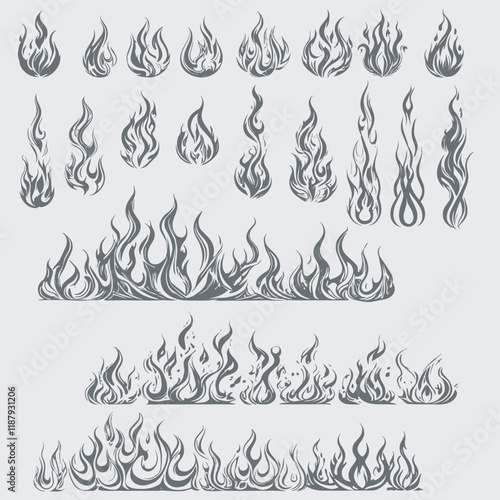 Silhouette Set Bundle of Fire Line Art Illustrations for Creative Designs, Branding, and Digital Art