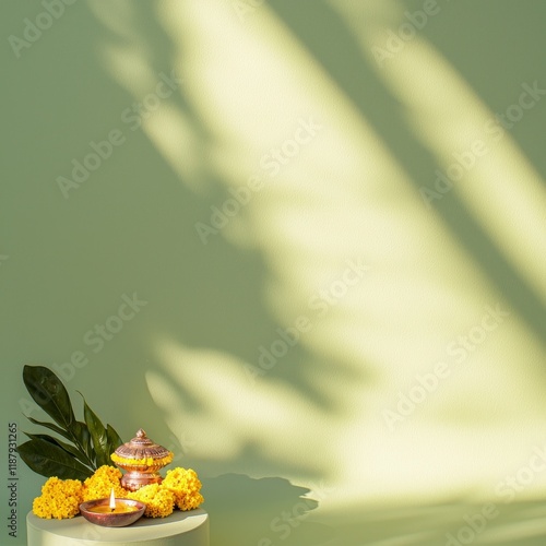 Festive Indian Diya Lamp  Marigold Flowers  Puja Ritual  Holiday Background