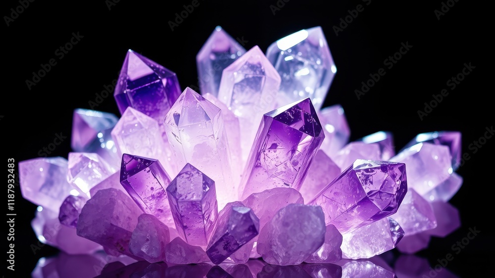 A cluster of purple crystals, their sharp edges reflecting light, creating a mesmerizing display of sparkle and depth. A cluster of purple crystals, their sharp edges reflecting light, creating a mesmerizing display of sparkle and depth.