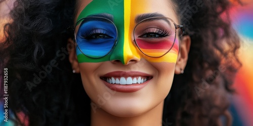 Fototapeta Naklejka Na Ścianę i Meble -  Vibrant portrait of smiling woman with colorful face paint