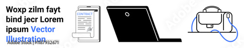 Binder clip holding a document, laptop, and briefcase. Ideal for business, office setup, productivity, remote work themes, educational content, technology websites, and startup environments. Landing
