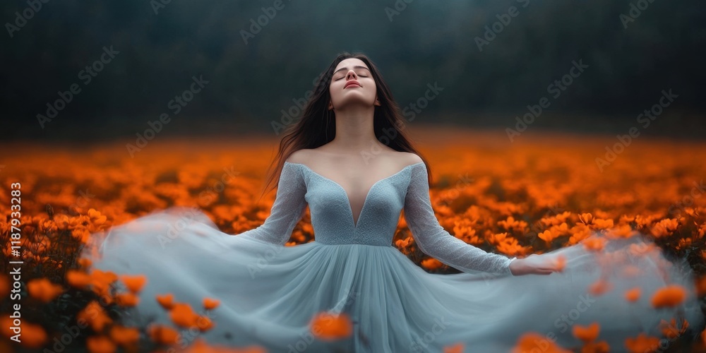 Fototapeta premium Elegant woman twirling in flowing dress amid blooming field - floral serenity and freedom