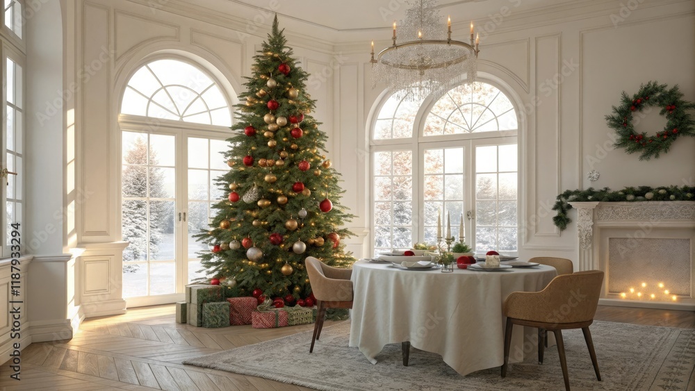 A beautifully arranged Christmas tree fills the center of a bright and airy dining room table, holiday cheer, garlands, , fine china, decorative accents A beautifully arranged Christmas tree fills the center of a bright and airy dining room table, holiday cheer, garlands, , fine china, decorative accents