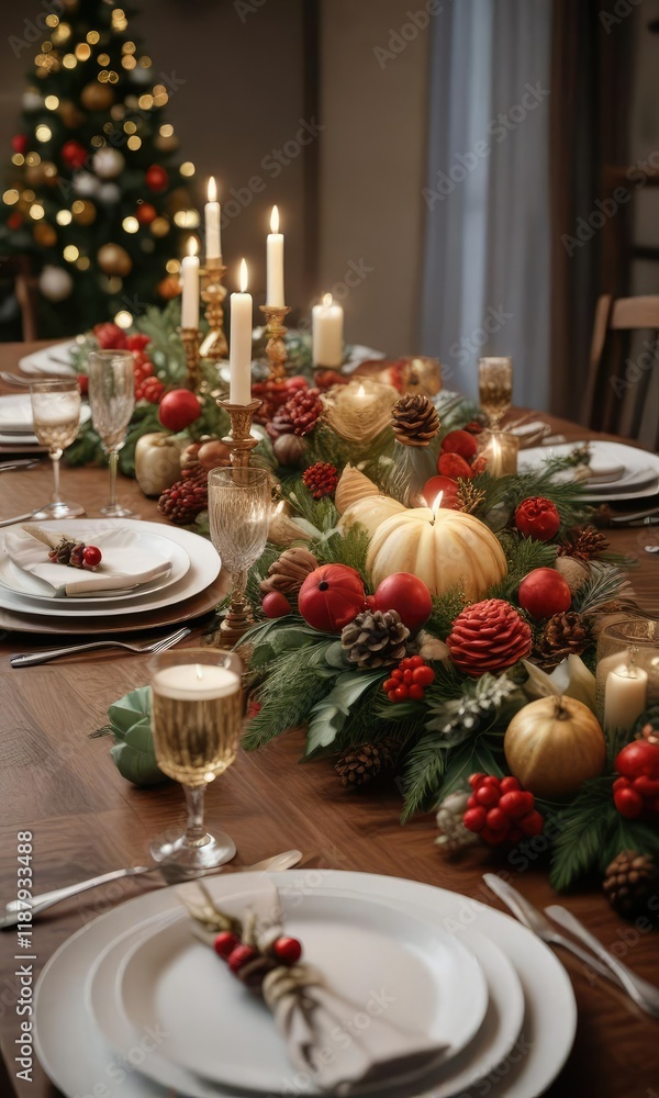 A beautifully decorated Christmas dinner table with festive centerpieces, evergreen branches, holly leaves, festive centerpieces A beautifully decorated Christmas dinner table with festive centerpieces, evergreen branches, holly leaves, festive centerpieces
