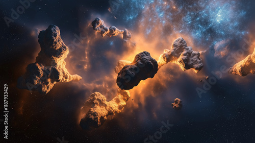 Stunning cosmic scene with glowing asteroids and nebulous clouds in deep space