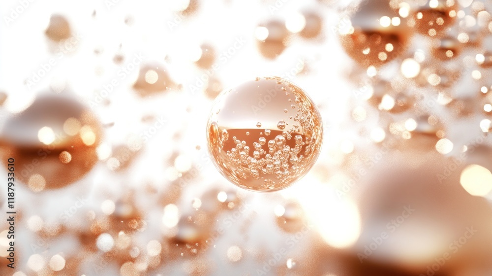 Abstract background with glowing golden spheres and bokeh effect.