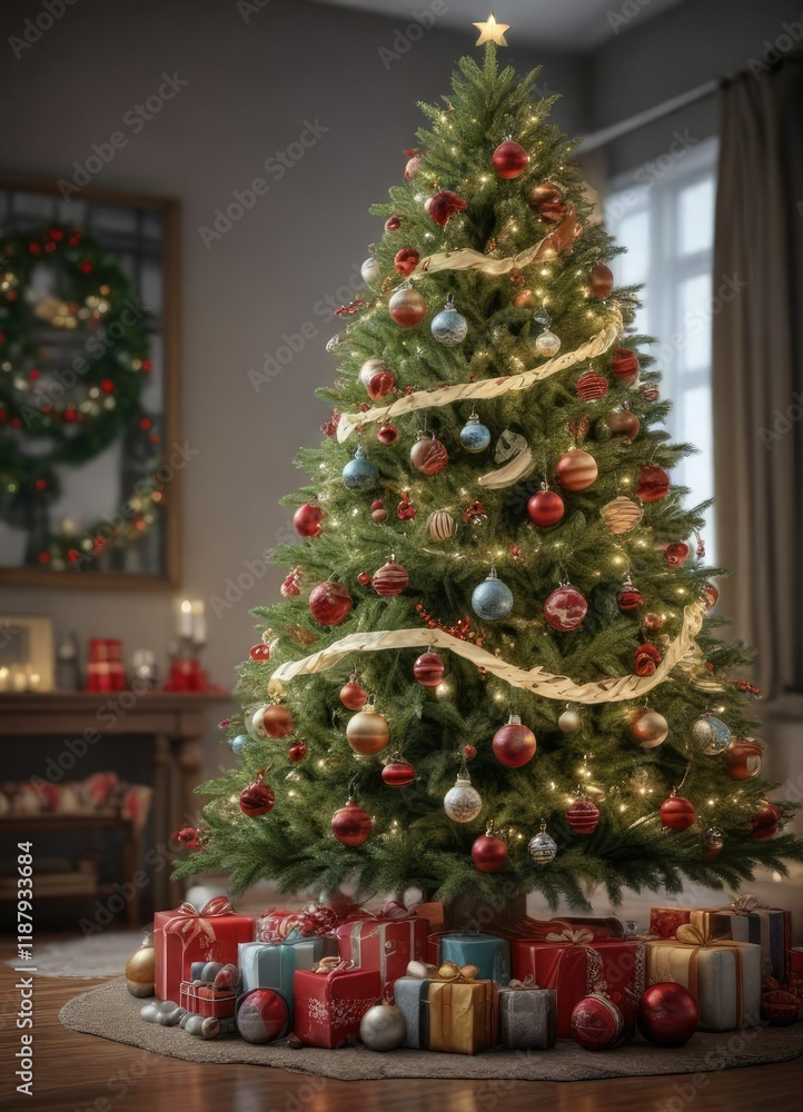 A beautifully decorated Christmas tree with ornaments and garland, snowflakes, festive ambiance A beautifully decorated Christmas tree with ornaments and garland, snowflakes, festive ambiance