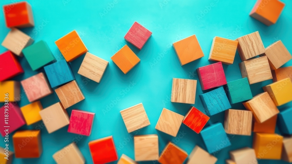 Colorful wooden blocks scattered on a vibrant blue background, a playful arrangement of shape and color Colorful wooden blocks scattered on a vibrant blue background, a playful arrangement of shape and color
