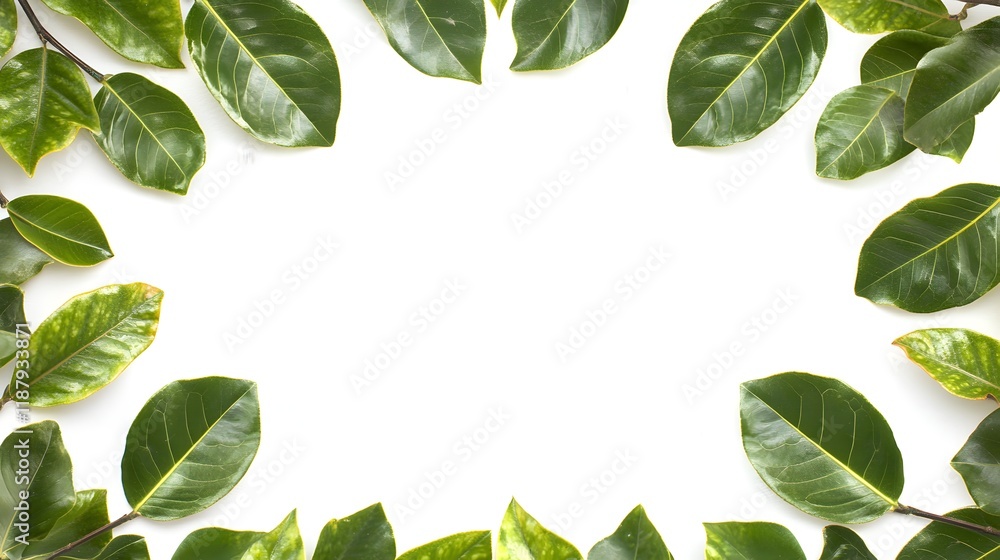 Fototapeta premium Green leaves form a frame around a white background