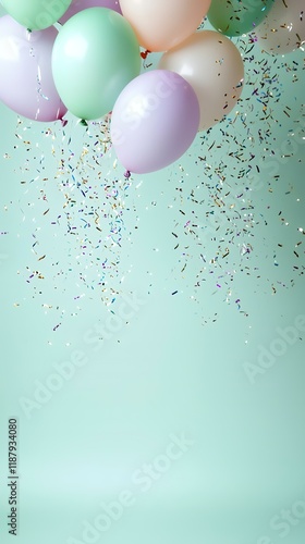 Pastel balloons, confetti falling, mint backdrop, celebration, party decor