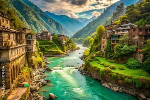 Post-Apocalyptic Panoramic: Bhagirathi & Turquoise Alakananda Rivers, Moss-Covered Ruins photo