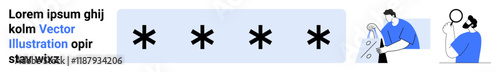 Central password field with asterisks signifying privacy. Two characters involved in activities securing data with a lock and examining with a magnifying glass. Ideal for security, privacy, data