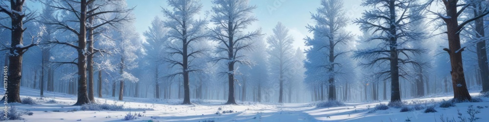 Fototapeta premium a blue winter landscape with snow-covered trees and falling snowflakes, cold weather effects, , wintery scenery