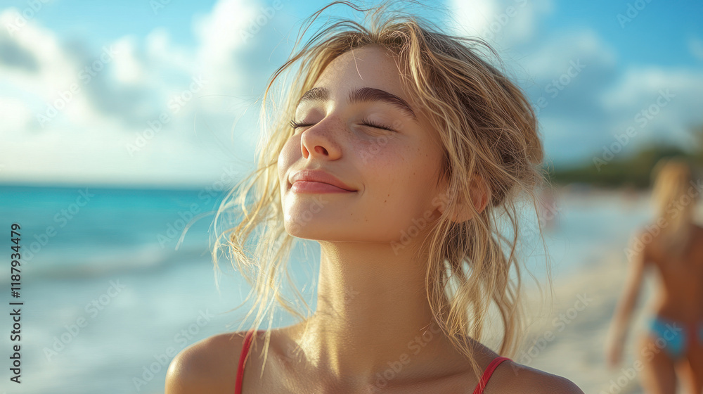 Australian woman breathing and relax on Idyllic beach at Playa del Carmen Australian woman breathing and relax on Idyllic beach at Playa del Carmen