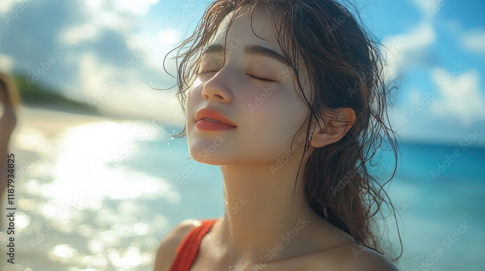 Japanese woman breathing and relax on Idyllic beach at Playa del Carmen Japanese woman breathing and relax on Idyllic beach at Playa del Carmen