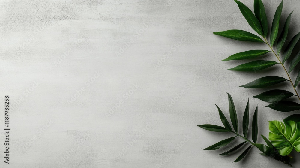 Minimalist botanical composition with green leaves on a soft gray background Minimalist botanical composition with green leaves on a soft gray background