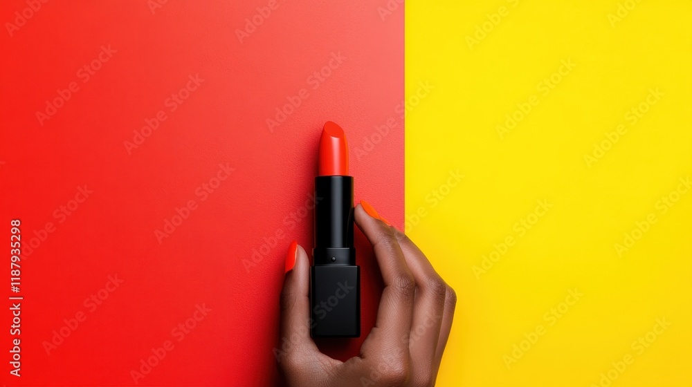 Vibrant red lipstick against bold red and yellow background Vibrant red lipstick against bold red and yellow background
