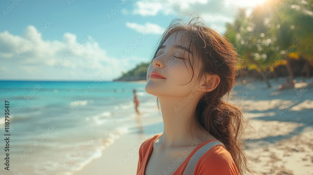 Chinese woman breathing and relax on Idyllic beach at Playa del Carmen Chinese woman breathing and relax on Idyllic beach at Playa del Carmen